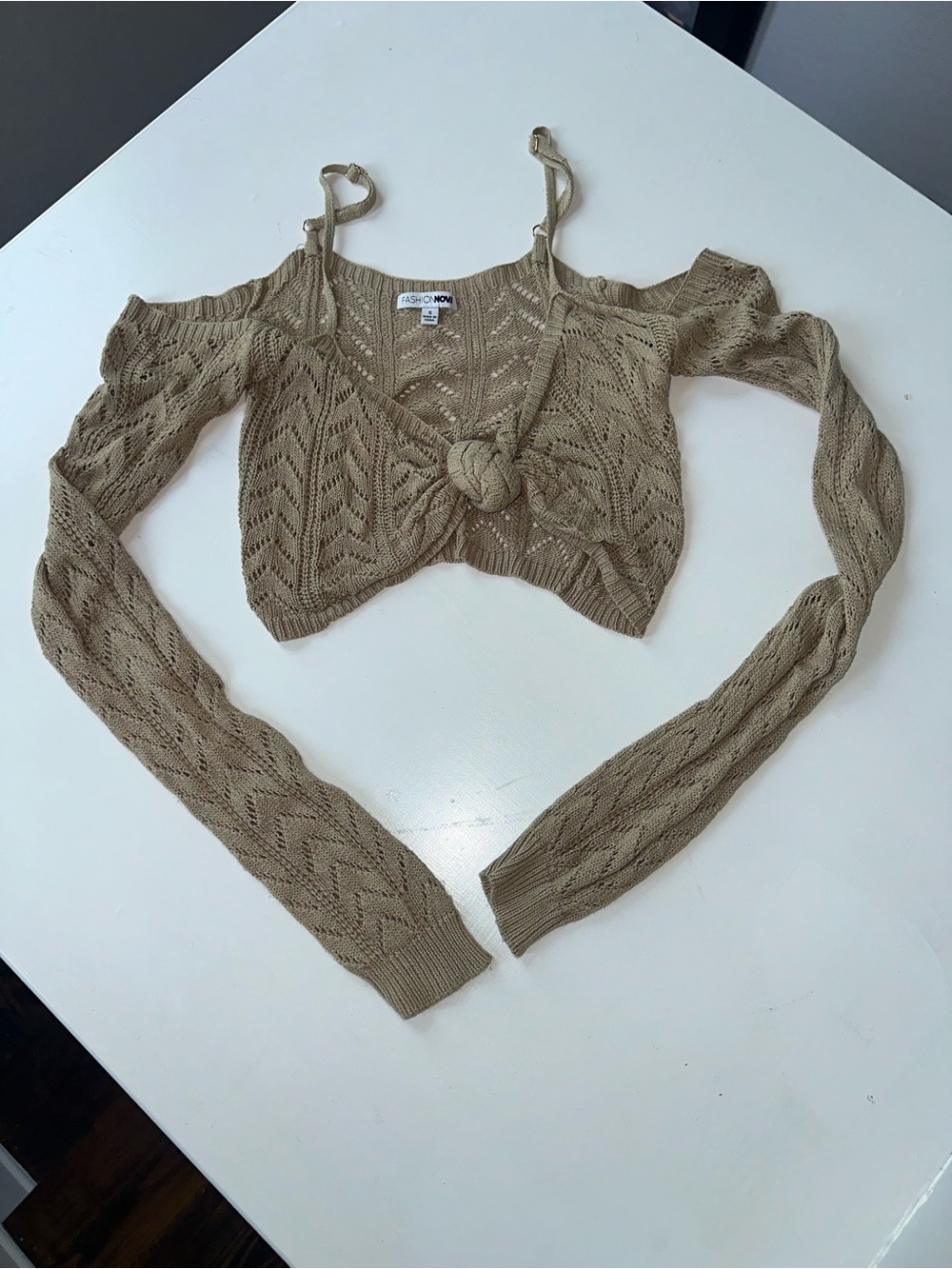 Fashion Nova Tan Open-Knit Off-Shoulder Tie-Front Sweater